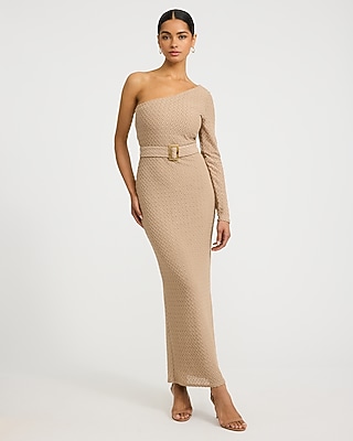Textured One Shoulder Long Sleeve Belted Maxi Sweater Dress