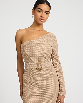 Textured One Shoulder Long Sleeve Belted Maxi Sweater Dress