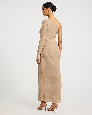Textured One Shoulder Long Sleeve Belted Maxi Sweater Dress | Express