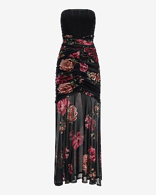 Floral Mesh Strapless Corset Layered Ruched Maxi Dress