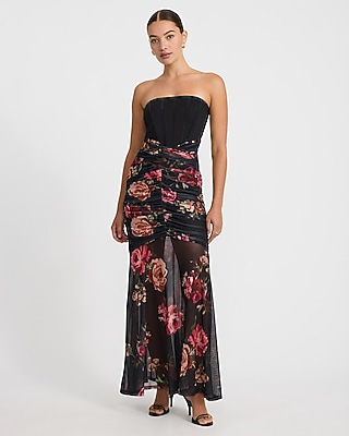 Floral Mesh Strapless Corset Layered Ruched Maxi Dress