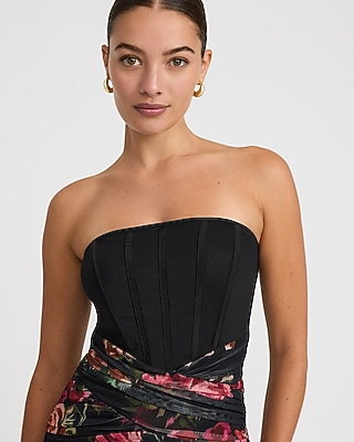 Floral Mesh Strapless Corset Layered Ruched Maxi Dress