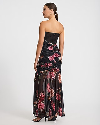 Floral Mesh Strapless Corset Layered Ruched Maxi Dress