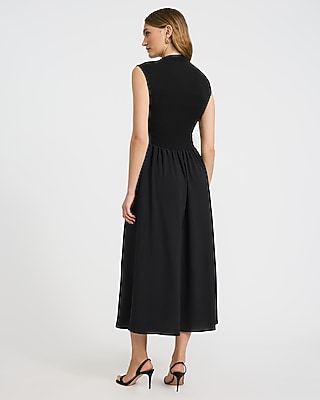 Mixed Media Mock Neck Drop Waist Midi Dress with Pockets