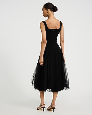 Mixed Media Tulle Square Neck Sleeveless Midi Dress | Express