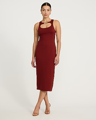Knit Boat Neck Gold Hardware Cutout Midi Sheath Dress