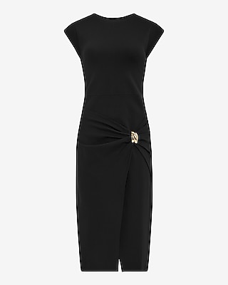 Crew Neck Short Sleeve Hardware Wrap Midi Sheath Dress