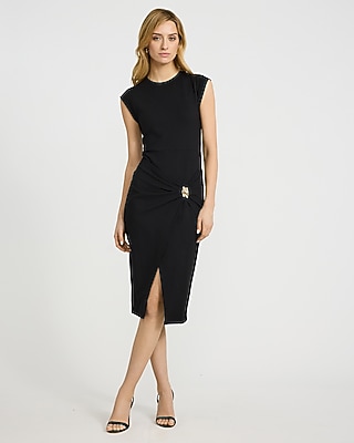 Crew Neck Short Sleeve Hardware Wrap Midi Sheath Dress