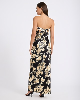 Satin Floral Strapless Tie Back Maxi Tube Dress
