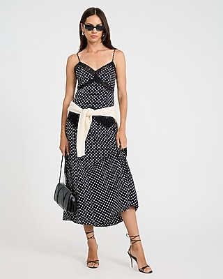 Lace Trim Polka Dot V-Neck Maxi Sheath Dress