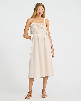 Cotton Poplin Striped Ruched Side Tie Midi Dress
