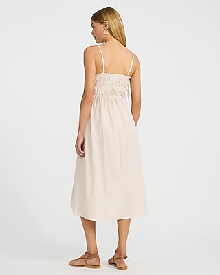 Cotton Poplin Striped Ruched Side Tie Midi Dress