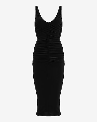 Jersey Ruched V-Neck Sleeveless Midi Sheath Dress