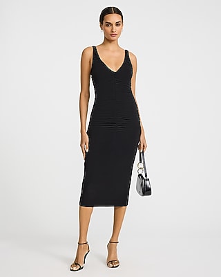 Jersey Ruched V-Neck Sleeveless Midi Sheath Dress
