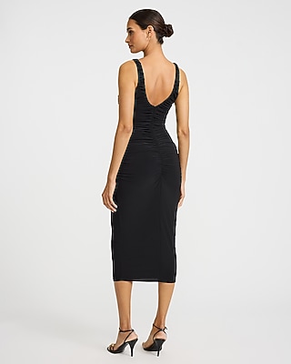 Jersey Ruched V-Neck Sleeveless Midi Sheath Dress