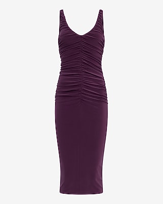 Jersey Ruched V-Neck Sleeveless Midi Sheath Dress