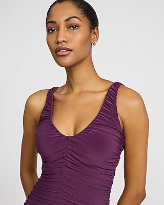 Jersey Ruched V-Neck Sleeveless Midi Sheath Dress