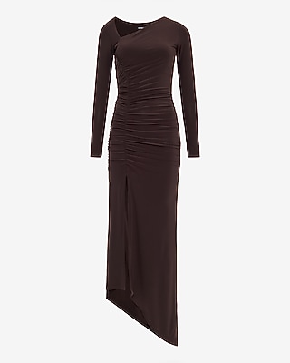 Jersey Long Sleeve Asymmetrical Ruched Midi Dress