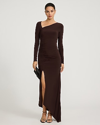 Jersey Long Sleeve Asymmetrical Ruched Midi Dress