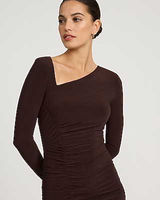 Jersey Long Sleeve Asymmetrical Ruched Midi Dress