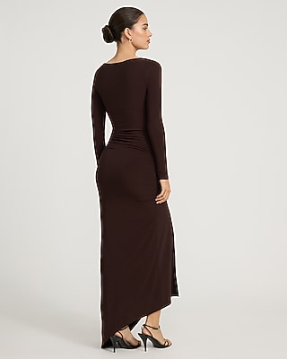 Jersey Long Sleeve Asymmetrical Ruched Midi Dress