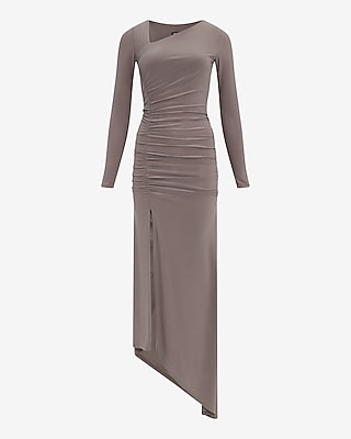 Jersey Long Sleeve Asymmetrical Ruched Maxi Dress