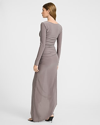 Jersey Long Sleeve Asymmetrical Ruched Maxi Dress