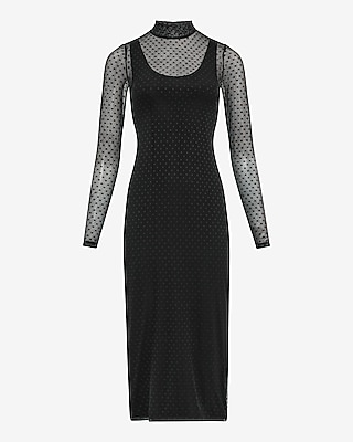 Polka Dot Mesh Mock Neck Long Sleeve Midi Dress