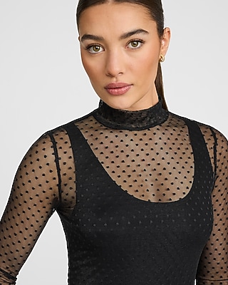 Polka Dot Mesh Mock Neck Long Sleeve Midi Dress
