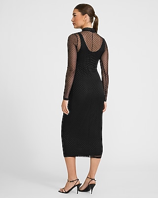 Polka Dot Mesh Mock Neck Long Sleeve Midi Dress