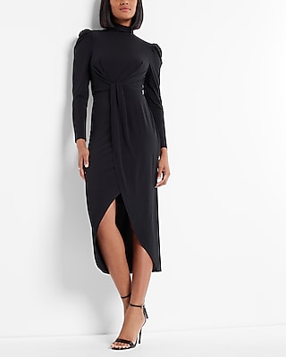 Mock Neck Puff Shoulder Twist Front Midi Dress