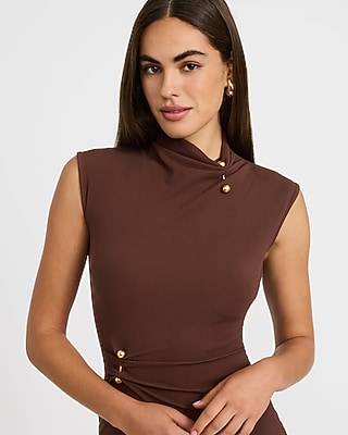 Mock Neck Cap Sleeve Hardware Midi Sheath Dress