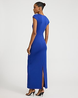 V-Neck Cap Sleeve Twist Front Knit Maxi Dress