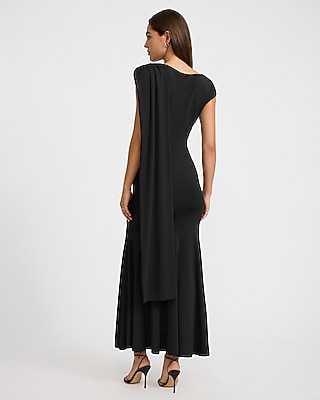 Boat Neck Cap Sleeve Draped Scarf Ruched Maxi Dress - thumbnail 6