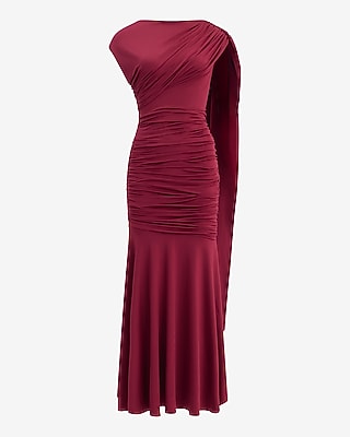 Boat Neck Cap Sleeve Draped Scarf Ruched Maxi Dress