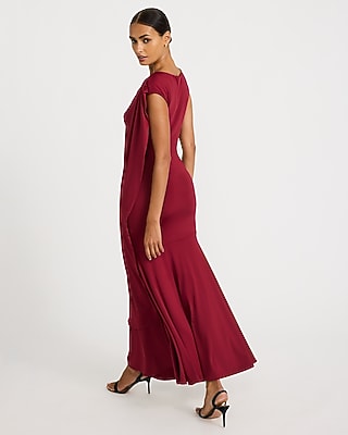 Boat Neck Cap Sleeve Draped Scarf Ruched Maxi Dress