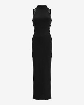 Lace Pieced Mock Neck Maxi Sheath Dress