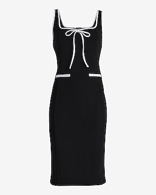 Tipped Square Neck Bow Front Midi Sheath Dress