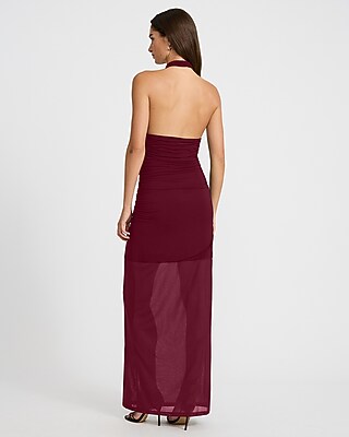Mesh Halter Twist Keyhole Sheer Hem Maxi Sheath Dress
