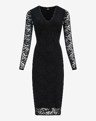 Lace V-Neck Long Sleeve Midi Dress