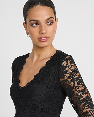 Lace V-Neck Long Sleeve Midi Dress
