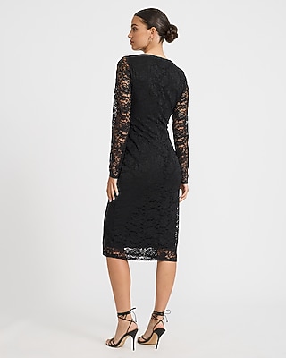 Lace V-Neck Long Sleeve Midi Dress