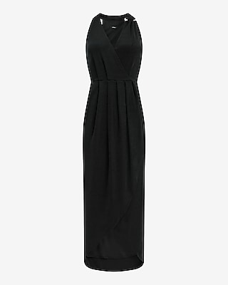 V-Neck Novelty Hardware Pleated Wrap Maxi Dress