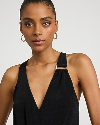 V-Neck Novelty Hardware Pleated Wrap Maxi Dress