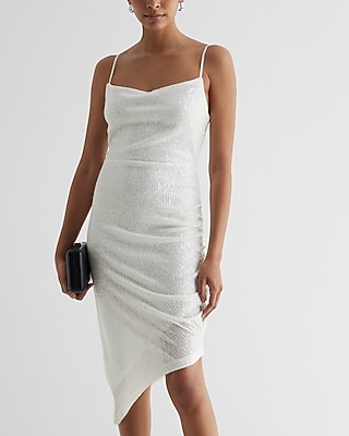 Sequin Cowl Neck Asymmetrical Hem Midi Dress