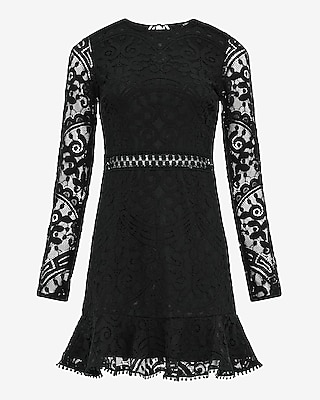 Lace Crew Neck Long Sleeve Ruffle Mini Dress