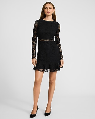 Lace Crew Neck Long Sleeve Ruffle Mini Dress