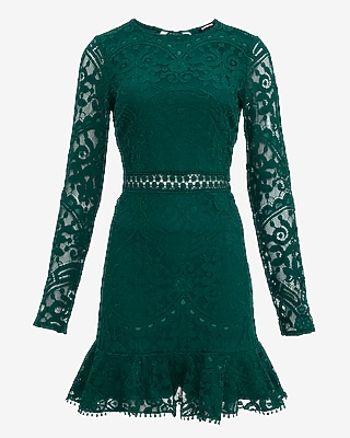 Lace Crew Neck Long Sleeve Ruffle Mini Dress