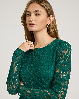 Lace Crew Neck Long Sleeve Ruffle Mini Dress