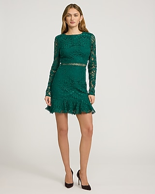 Lace Crew Neck Long Sleeve Ruffle Mini Dress